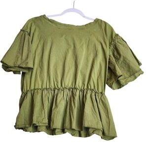 Anthropologie Olive Green Ruffle Sleeve Peplum Top Blouse Shirt Size L